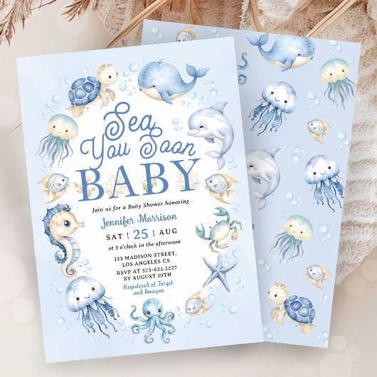 Sea You Soon Baby Shower Boy Blue Ocean Animals Einladung
