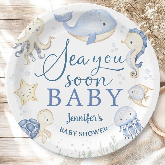 Sea You Soon Baby Shower Boy Blue Ocean Pappteller