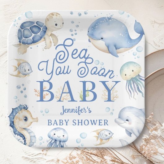 Sea You Soon Baby Shower Boy Blue Ocean Pappteller