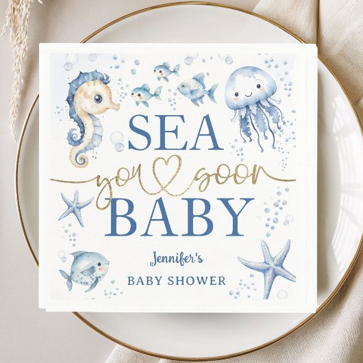 Sea You Soon Baby Shower Boy Navy Blue Ocean Paper Serviette