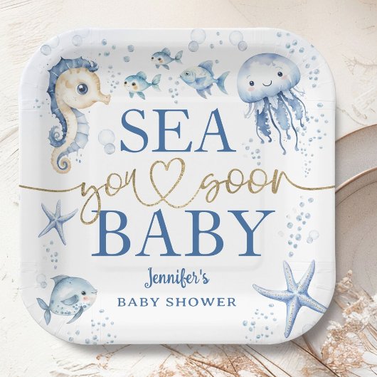 Sea You Soon Baby Shower Boy Navy Blue Ocean Pappteller