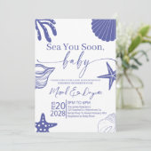 Sea You Soon Blue Scallop Shell Boy Baby Shower Einladung (Stehend Vorderseite)
