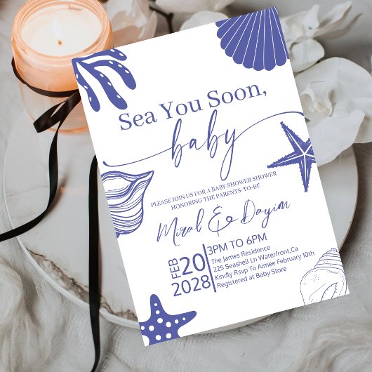 Sea You Soon Blue Scallop Shell Boy Baby Shower Einladung