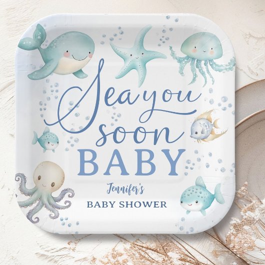 Sea You Soon Boy Blue Ocean Baby Shower Pappteller