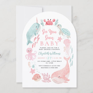 Sea You Soon Cute Ocean Animals Girl Baby Shower Einladung