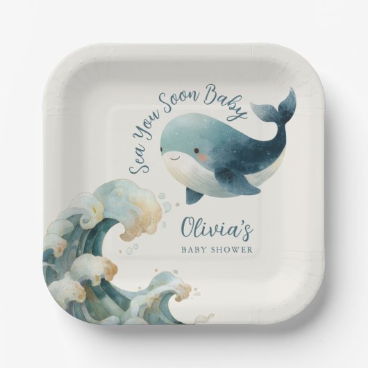 Sea You Soon Ocean Whale Teal Ivory Baby Shower Pappteller (Vorderseite)
