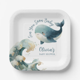 Sea You Soon Ocean Whale Teal White Baby Shower Pappteller