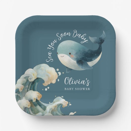 Sea You Soon Ocean Whale Turquoise Baby Shower Pappteller (Vorderseite)