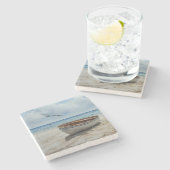 "Seabreeze Serenade" Farbenfrohe Bootszene Steinuntersetzer (Seitenansicht)