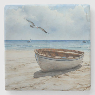 "Seabreeze Serenade" Farbenfrohe Bootszene Steinuntersetzer