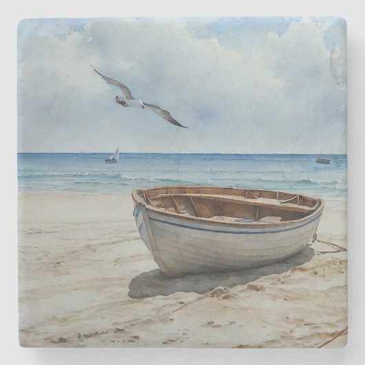 "Seabreeze Serenade" Farbenfrohe Bootszene Steinuntersetzer (Vorderseite)