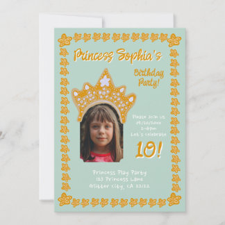 Seafoam Aqua Princess Crown Floral Photo Birthday Einladung