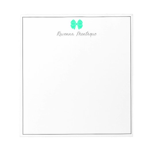 Seafoam Green Bow Border Script Custom Name Script Notizblock (Vorderseite)
