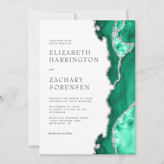 Seafoam Green Silver Agate Wedding Einladung (Vorderseite)