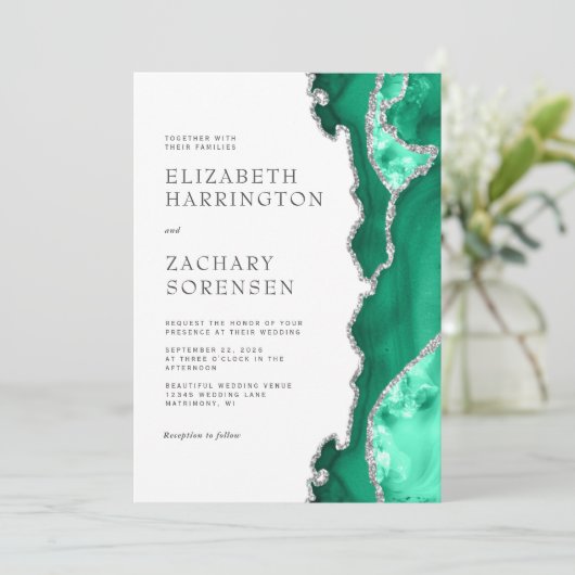 Seafoam Green Silver Agate Wedding Einladung (Stehend Vorderseite)