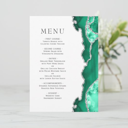 Seafoam Green Silver Agate Wedding Menu Menükarte (Stehend Vorderseite)