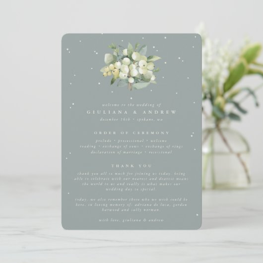 Seafoam Green Snowberry+Eucalyptus Bouquet Wedding Programm (Stehend Vorderseite)