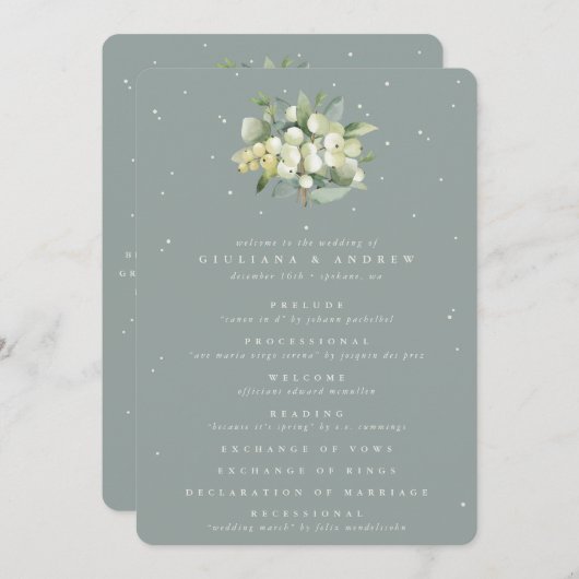 Seafoam Green Snowberry+Eucalyptus Bouquet Wedding Programm (Vorne/Hinten)