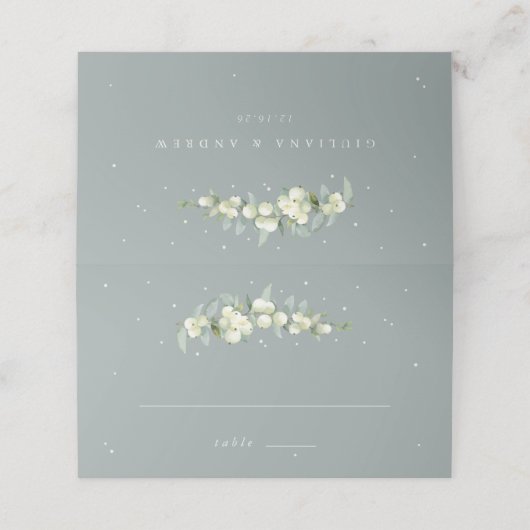 Seafoam Green Snowberry+Eucalyptus Wedding Platzkarte (Außenseite Aufgefaltet)