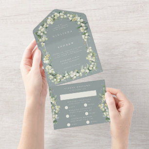 Seafoam Green Snowberry+Eukalyptus Winter Wedding All In One Einladung