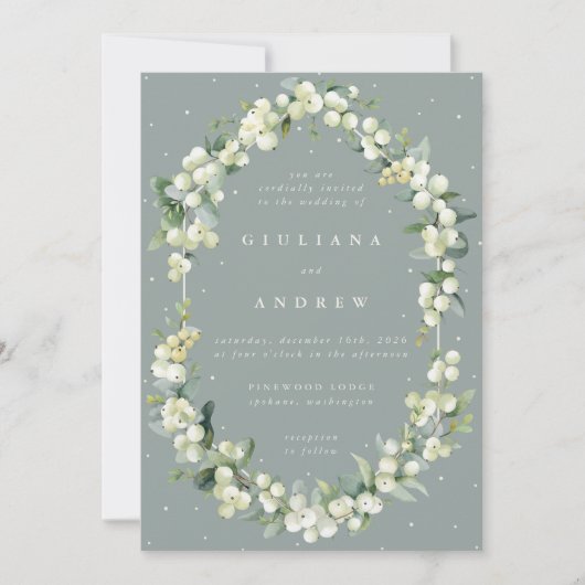 Seafoam Green Snowberry+Eukalyptus Winter Wedding Einladung (Vorderseite)