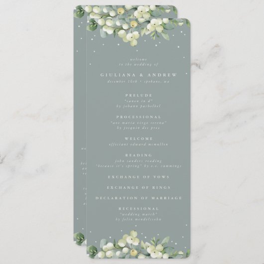 Seafoam Green Snowberry+Eukalyptus Winter Wedding Programm (Vorne/Hinten)