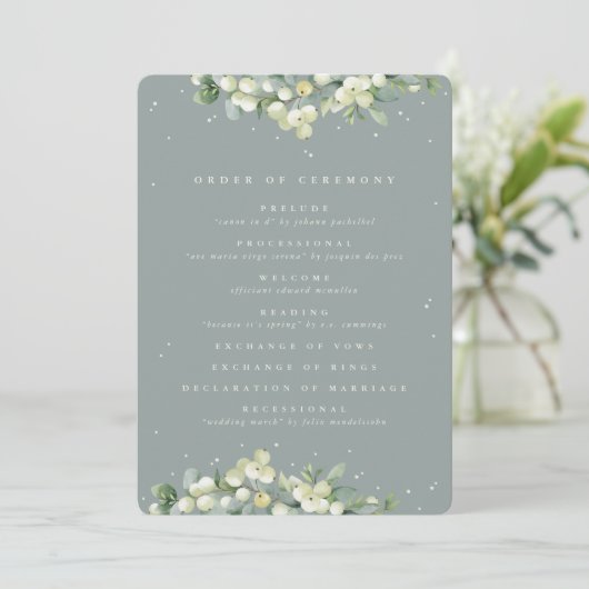 Seafoam Green Snowberry+Eukalyptus Winter Wedding Programm (Stehend Vorderseite)