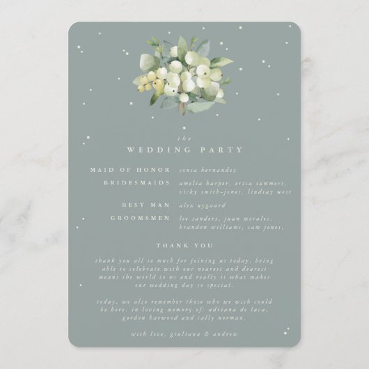 Seafoam Green Snowberry+Eukalyptus Winter Wedding Programm (Rückseite)