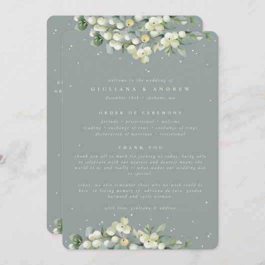 Seafoam Green Snowberry+Eukalyptus Winter Wedding Programm (Vorne/Hinten)