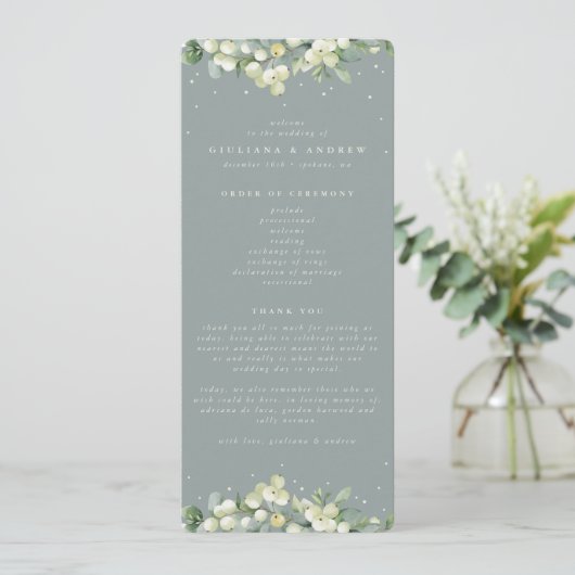 Seafoam Green Snowberry+Eukalyptus Winter Wedding Programm (Stehend Vorderseite)