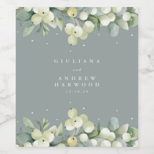 Seafoam Green Snowberry+Eukalyptus Winter Wedding Weinetikett (Einzelnes Label)