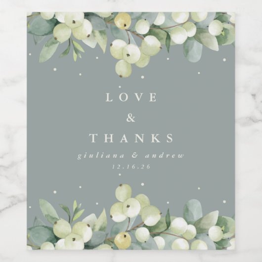 Seafoam Green Snowberry+Eukalyptus Winter Wedding Weinetikett (Einzelnes Label)