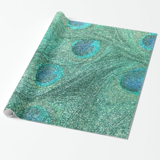 Seafoam grüne Glitter-Pfaufedern Geschenkpapier (Ungerollt)
