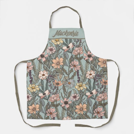 Seafoam Pink Yellow Retro Wildflower Custom Name Schürze (Vorderseite)