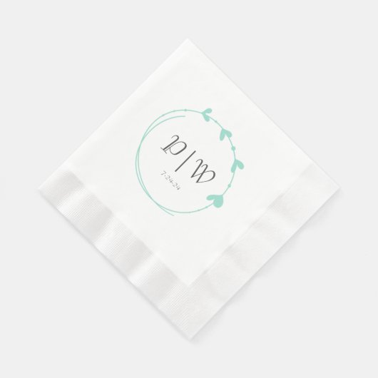 Seafoam Simple Heart Wreath Monogram Wedding Serviette (Ecke)