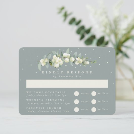Seafoam Snowberry+Eucalyptus Wedding Multi-Event RSVP Karte (Stehend Vorderseite)