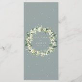 Seafoam Snowberry+Eukalyptus 4 Course Hochzeitswoh Menükarte (Rückseite)