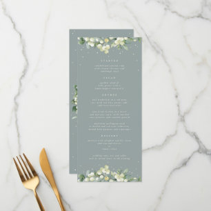 Seafoam Snowberry+Eukalyptus 4 Course Hochzeitswoh Menükarte