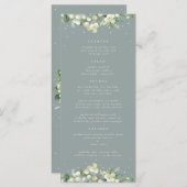 Seafoam Snowberry+Eukalyptus 4 Course Hochzeitswoh Menükarte (Vorne/Hinten)