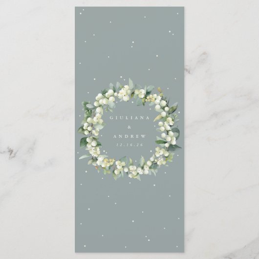 Seafoam Snowberry+Eukalyptus 4 Course Hochzeitswoh Menükarte (Rückseite)