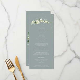 Seafoam Snowberry+Eukalyptus 4 Course Hochzeitswoh Menükarte