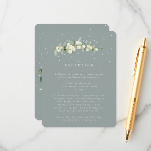 Seafoam Snowberry+Eukalyptus Hochzeitempfang Begleitkarte (Vorderseite/Rückseite Beispiel)
