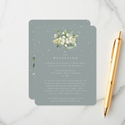 Seafoam Snowberry+Eukalyptus Hochzeitempfang Begleitkarte (Vorderseite/Rückseite Beispiel)