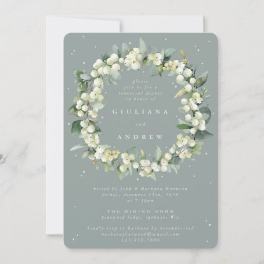 Seafoam Snowberry+Eukalyptus Wedding Probe Einladung (Vorderseite)