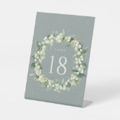 Seafoam Snowberry+Eukalyptus Wedding Tischnummer Sockelschild (Vorderseite)