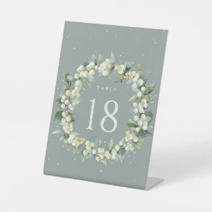 Seafoam Snowberry+Eukalyptus Wedding Tischnummer Sockelschild