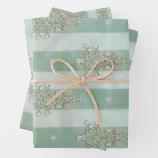 Seafoam Stiped Velvet-Look Diamond Trees Geschenkpapier Set (Beispiel)