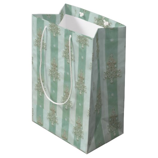 Seafoam Stiped Velvet-Look Diamond Trees Mittlere Geschenktüte (Rückseite Schrägansicht)