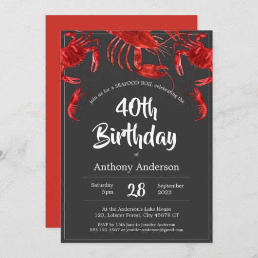 Seafood Boil Einzigartig Rot Dunkelgrau Geburtstag Einladung (Vorne/Hinten)