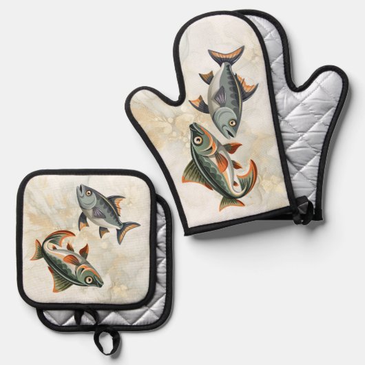 Seafood Fish Nautic Ofenhandschuh & Topflappen-Set (Vorderseite/Rückseite)